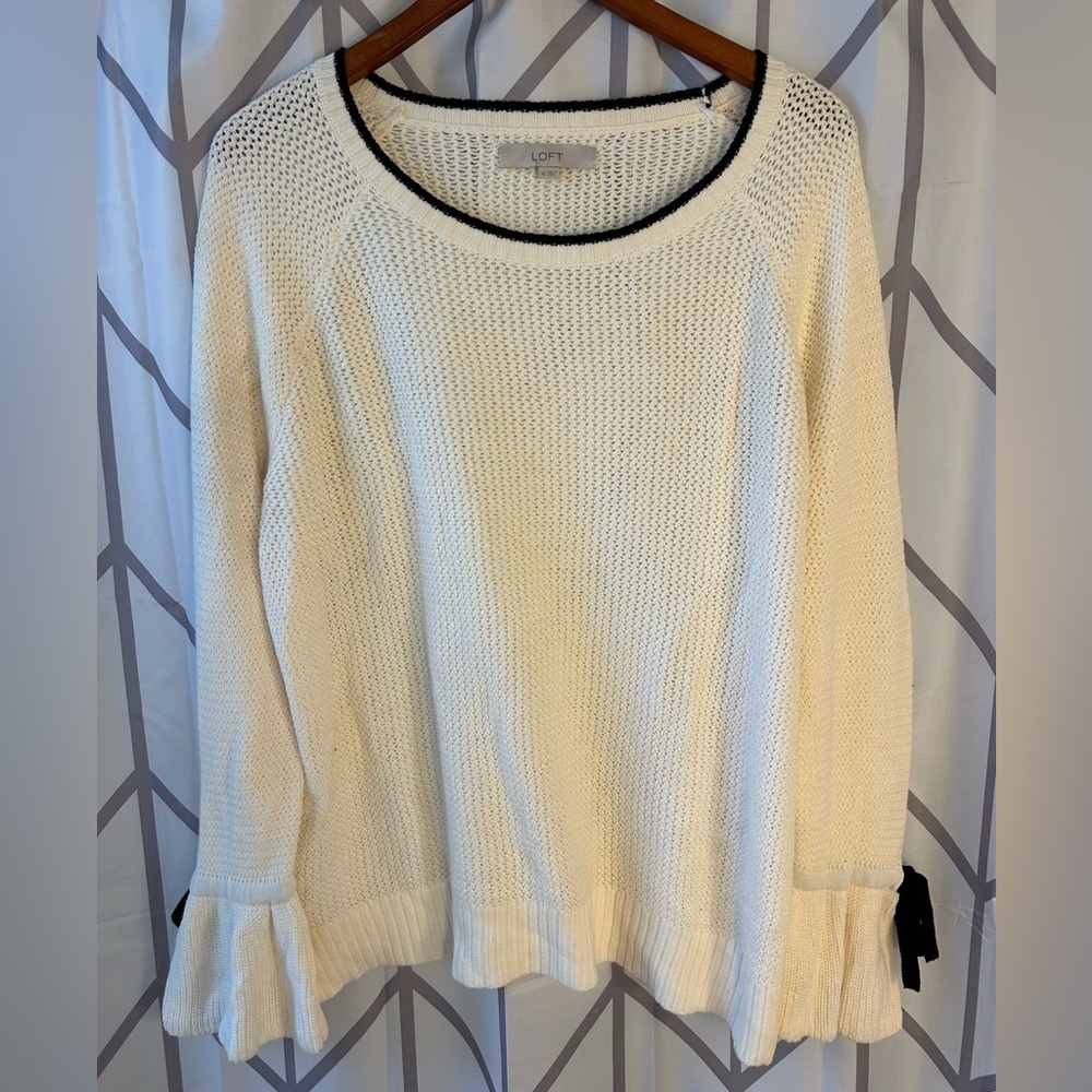 LOFT Women's White and Black Trim Sweater NWOT